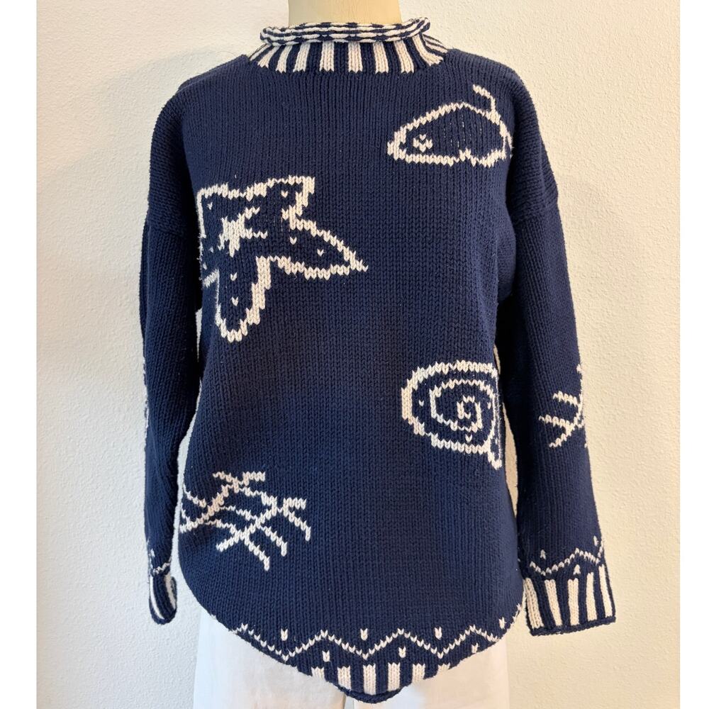 Vintage REV Wear 100% Cotton XL Navy Chunky Knit Sweater Fish Nautical Oversized